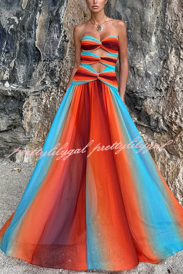 Neon Sunset Mesh Printed Twist Cutout Off Shoulder Vacation Maxi Dress