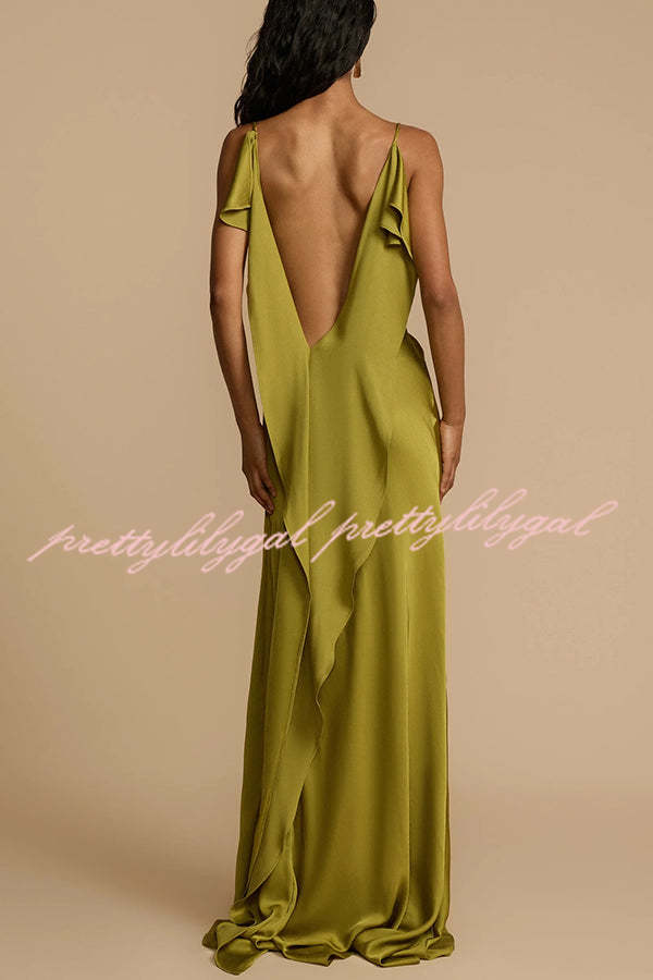 Evening Date Satin Cowl Neck Drape Ruffle Backless Bias Cut Party Maxi Dress