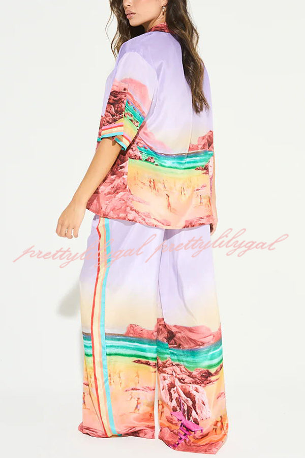 Lilac Sunrise Unique Print Short Sleeve Loose Shirt and Elastic Waist Pocket Pants Set