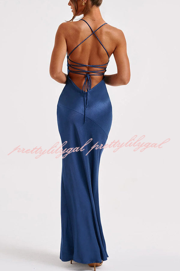 Satin Solid Color Sexy Backless Lace Up High Slit Maxi Dress