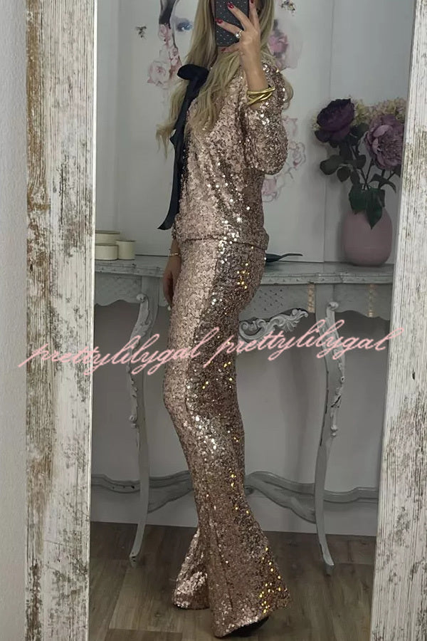 Holiday Cheer Sequin Tie-front Satin Bow Long Sleeve Jacket