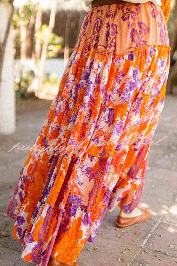 Resort Style Floral Print Elastic Waist Loose Stitching Maxi Skirt