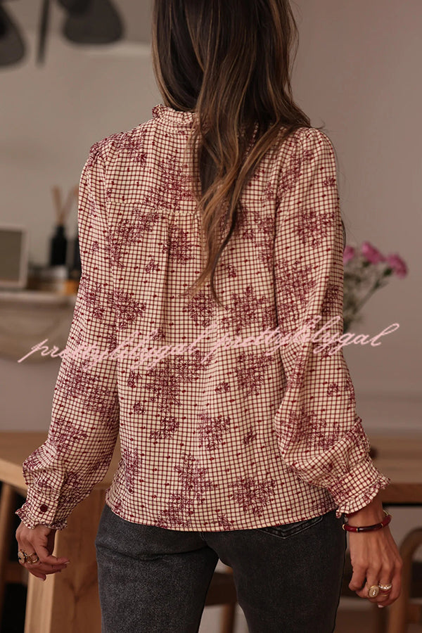 Plant Plaid Printed Long-sleeved Ruffles Casual Shirt