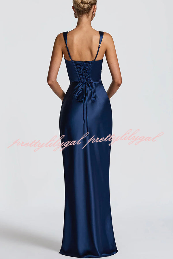 Calanthe Satin Square Neck Ruched Back Lace-up Drape Mesh Scarf Maxi Dress