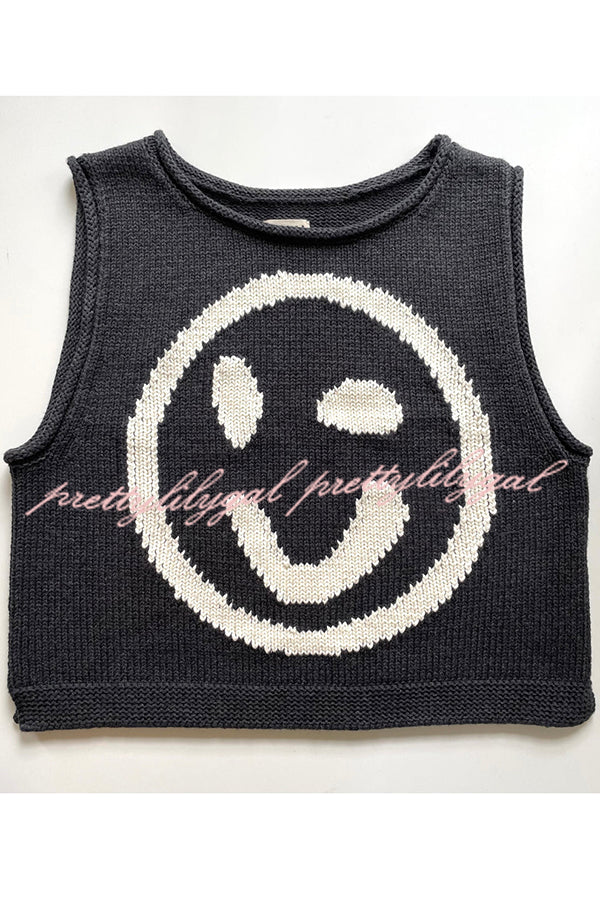 Always Happy Face Knit Unique Pattern Versatile Loose Tank Top