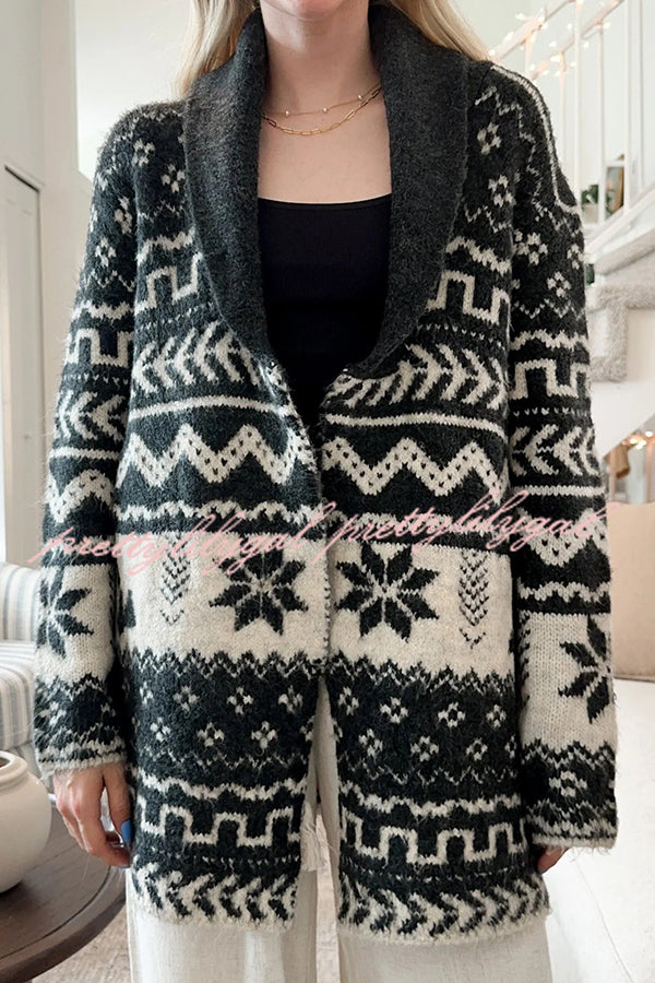 Winter Snowflake Waist Tie Lapel Midi Pocket Knit Cardigan