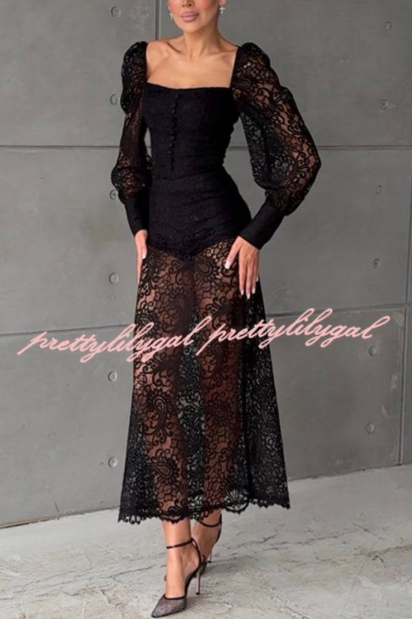 Timeless Moment Floral Lace Square Neck Button Up Balloon Sleeve Top