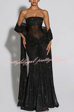 Paula Sequined Mesh and Jersey Off Shoulder Ruched Knot Drape Shawl Maxi Dress