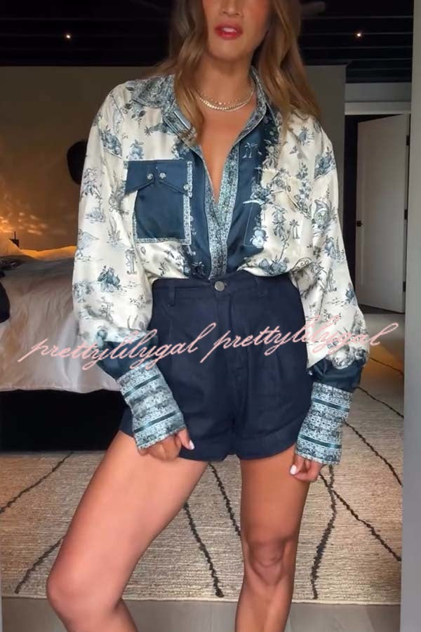 Bohemian Elegant Satin Contrast Color Unique Print Button Up Pocket Loose Blouse