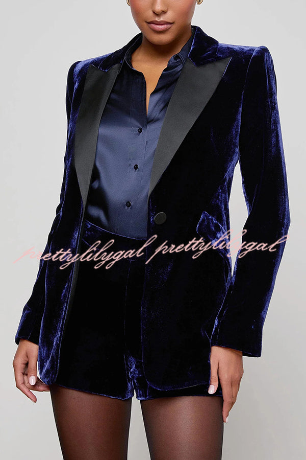 Bold Modern Velvet Contrast Satin Lapel Blazer and High Rise Pocket Shorts Set