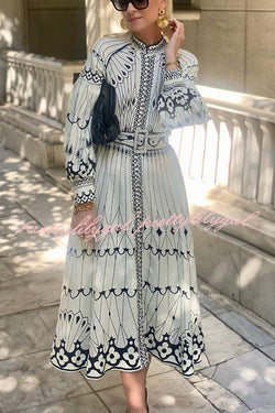 Perfect for Spring Linen Blend Ethnic Print Button Balloon Sleeve Belted Shirt Midi Dress