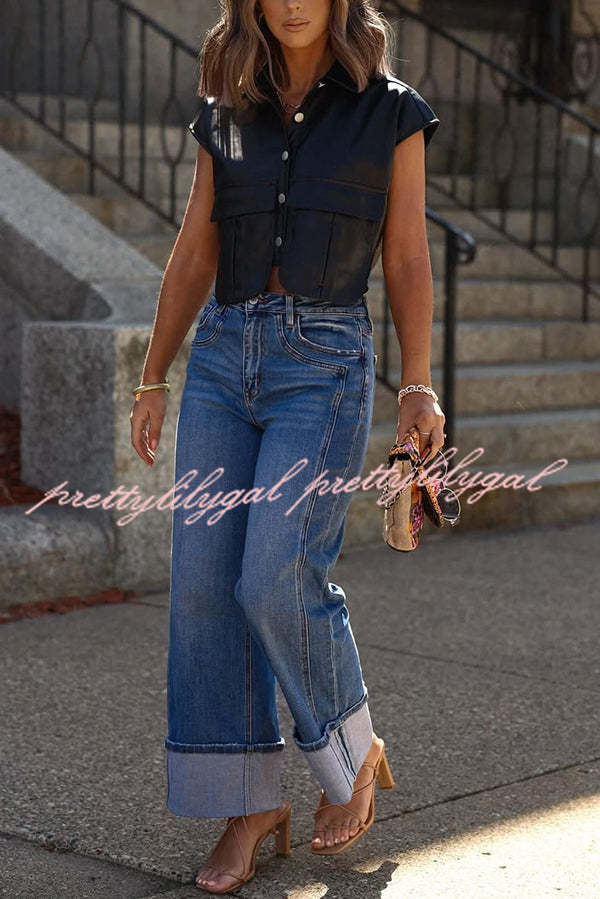 Fashion Faux Leather Pocket Sleeveless Cropped Jacket