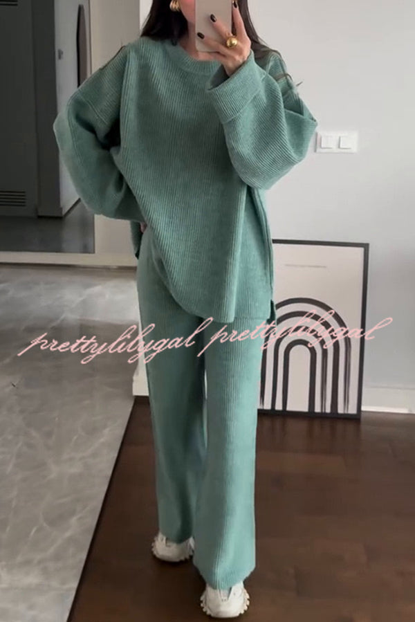 Solid Color Loose Long-sleeved Knit Top and Elastic Waist Casual Straight Leg Pants Set
