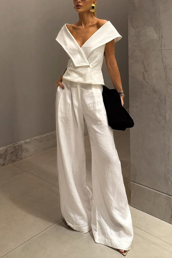 Velena Linen Blend Button Up Lapel Top and High Rise Pocket Wide Leg Pants Set