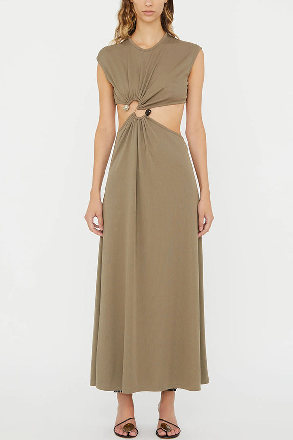 Eye-catching Ribbed Knit S-buckle Hardware Cutout Waist Maxi Dress