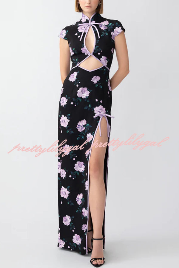 Lavender Flower Print Cutout Bow Details Thigh-high Slit Cheongsam Maxi Dress
