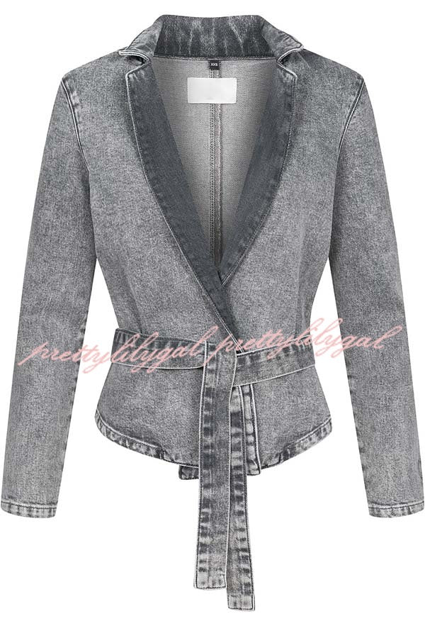 Casual Meetup Denim Stand Neck Long Sleeve Belted Loose Jacket