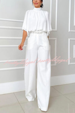 Solid Color Turtleneck Loose Top and Casual Pocket Straight-leg Pants Set