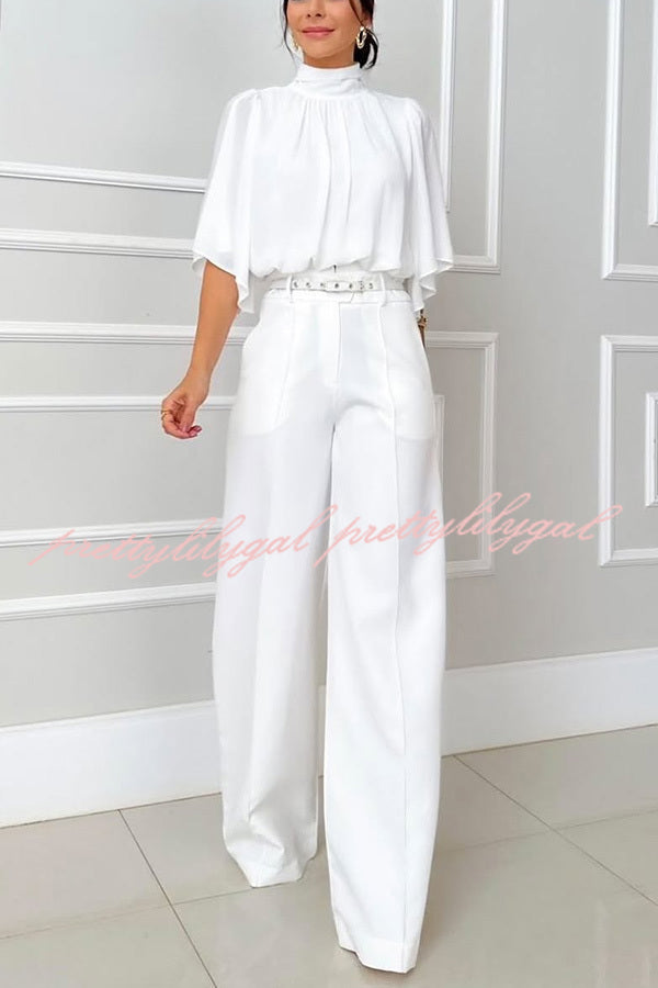 Solid Color Turtleneck Loose Top and Casual Pocket Straight-leg Pants Set