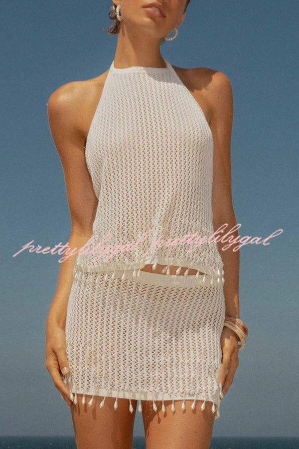 Fashion Knit Hollow Back Top and Embellished Fitted Stretch Beach Mini Skirt Set