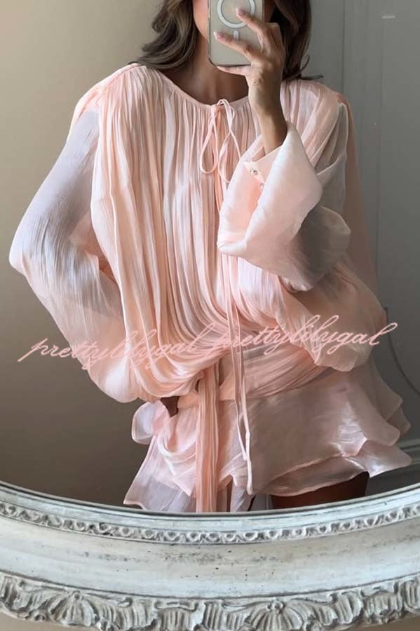 Ninah Glitter Fabric Pleated Balloon Sleeve Tiered Ruffle Hem Mini Dress