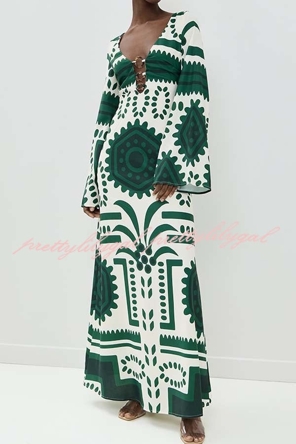 Holiday Fashion Unique Print Front Center Hollow Ring Long Sleeve Maxi Dress