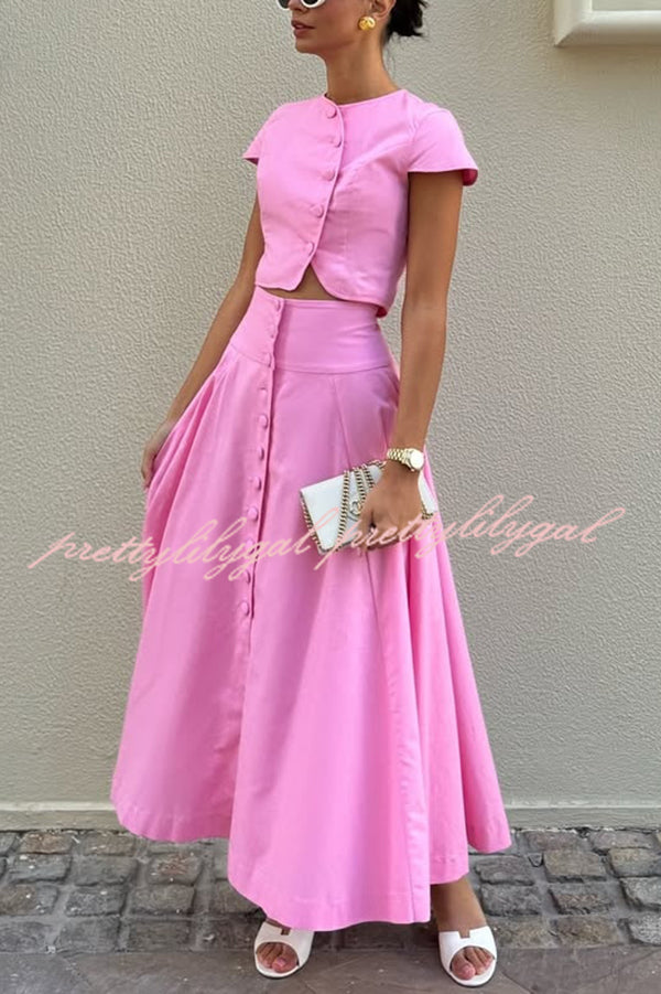 Solid Color Round Neck Button Crop Top and Elegant High Waist Slit Maxi Skirt Set