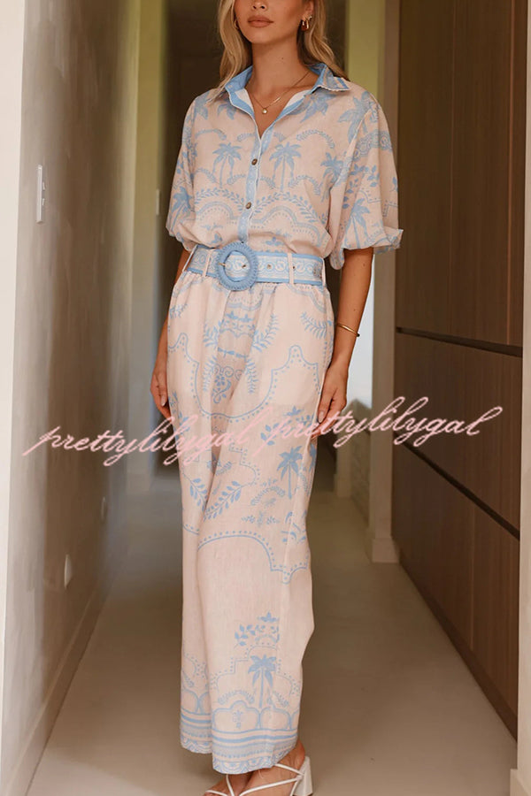 Linen Blend Lapel Puff Sleeve Loose Shirt and Casual Pocket Straight Pants Set