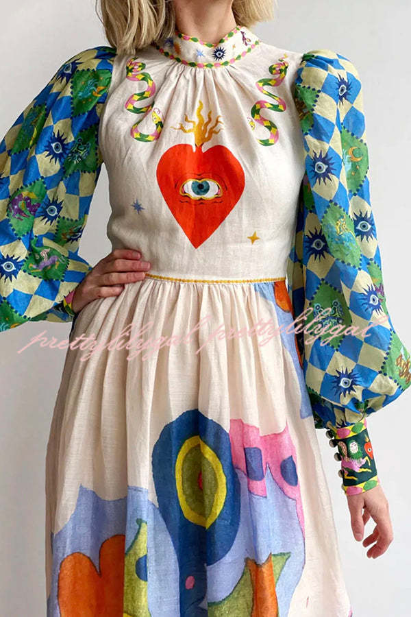 Dear To My Heart Unique Print Lantern Sleeve A-line Midi Dress