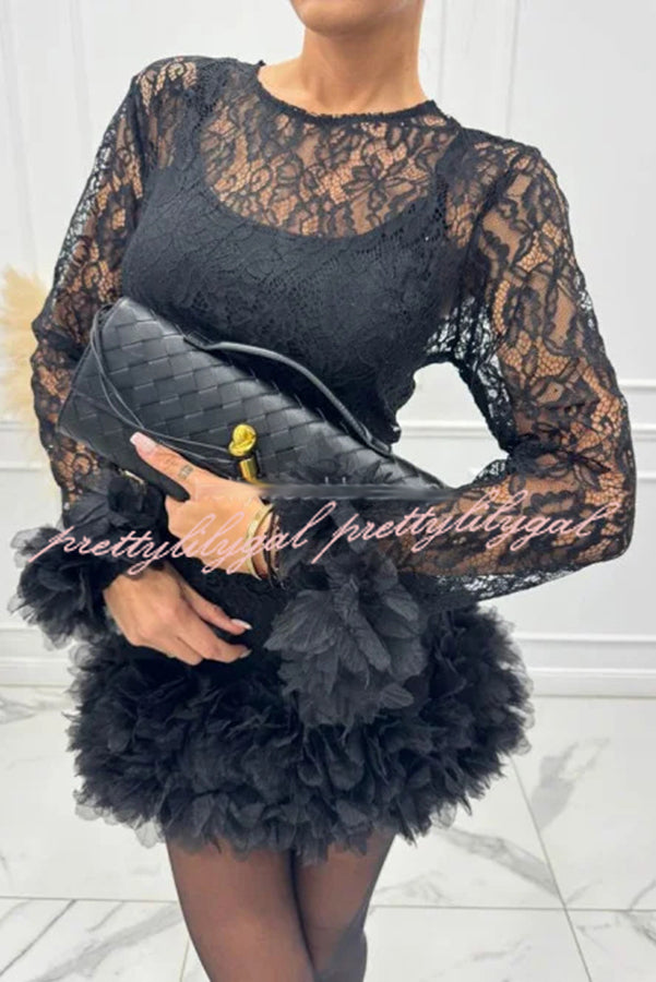 Alyssa Lace Fabric Tulle Layered Petals Trim Long Sleeve Mini Dress