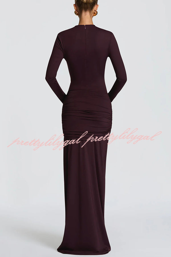 Sexy Cutout Fitted Long-sleeved Pleated Satin Ribbon Maxi Dresses