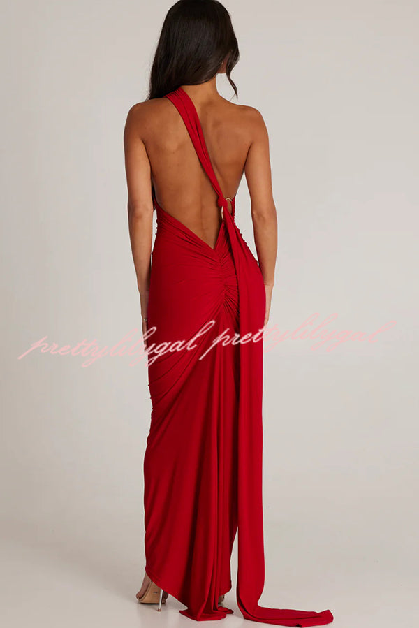 Sexy Backless Pleated Slim Solid Color Sleeveless Elegant Maxi Dress