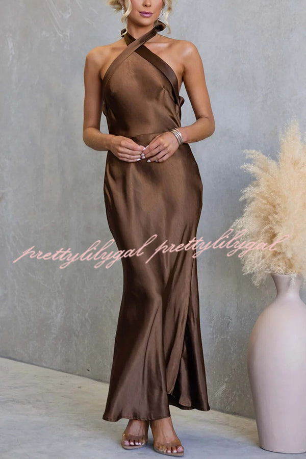 Satin Fashion Halter Backless Slim Elegant Maxi Dress