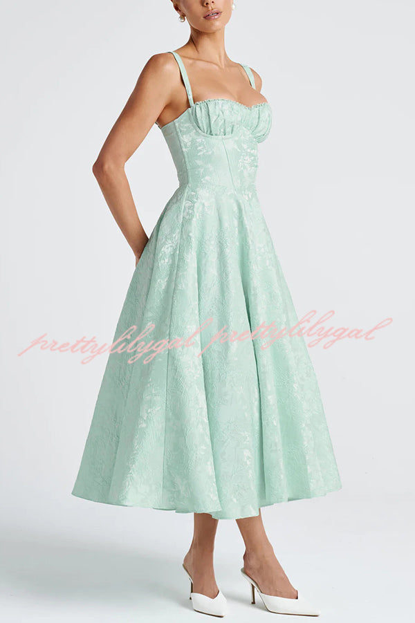 Palace Style Jacquard Fabric Backless Tie Slim Midi Dress
