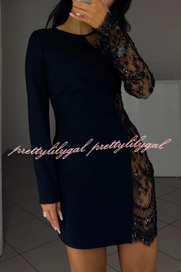 Cocktails First Floral Sequin Bead Patchwork Long Sleeve Mini Dress