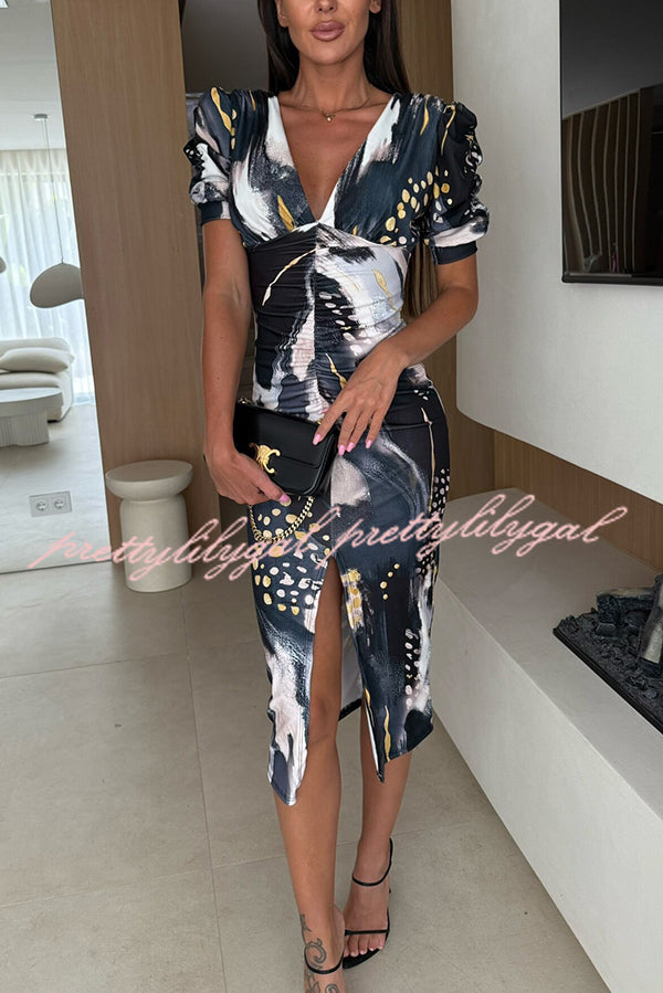 Unique Print V-Neck Puff Sleeve Slit Slim Midi Dress