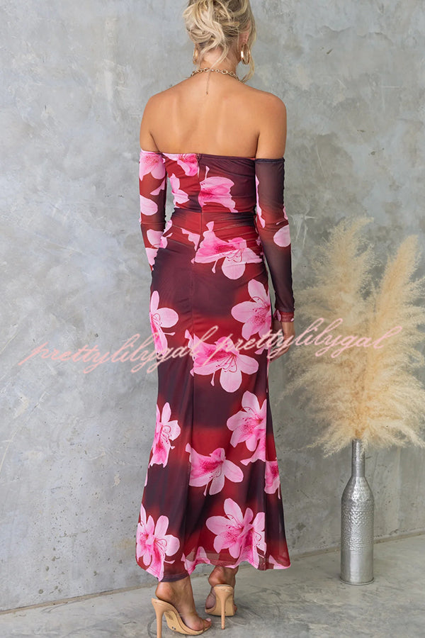 Floral Fantasy Mesh Off Shoulder Long Sleeve Stretch Maxi Dress