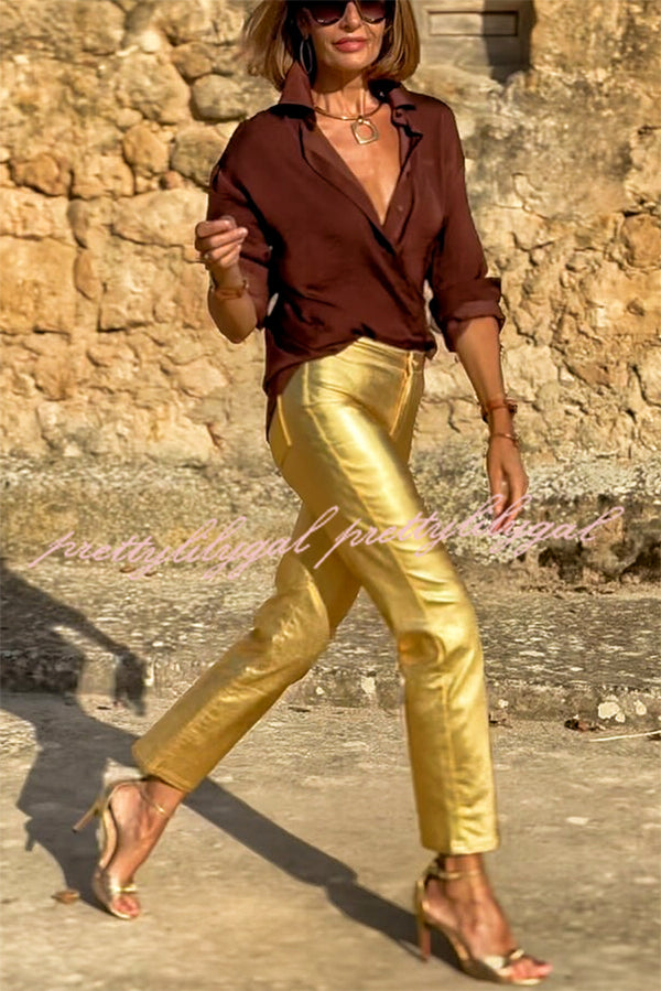 Golden Years Metallic Fabric Mid-Rise Pocketed Stretch Pants