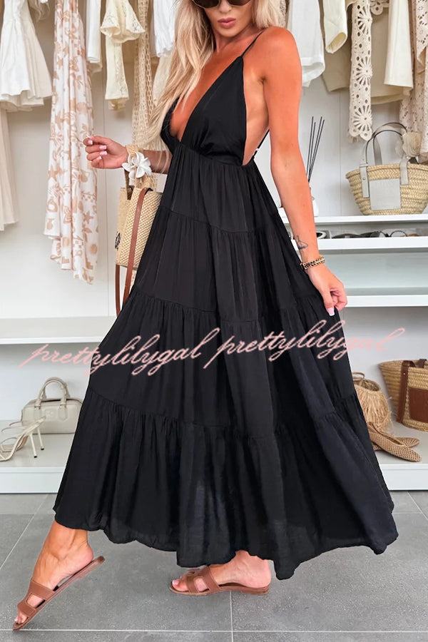 Bohemian Style V-neck Backless Slip Layered Vacation Maxi Dress