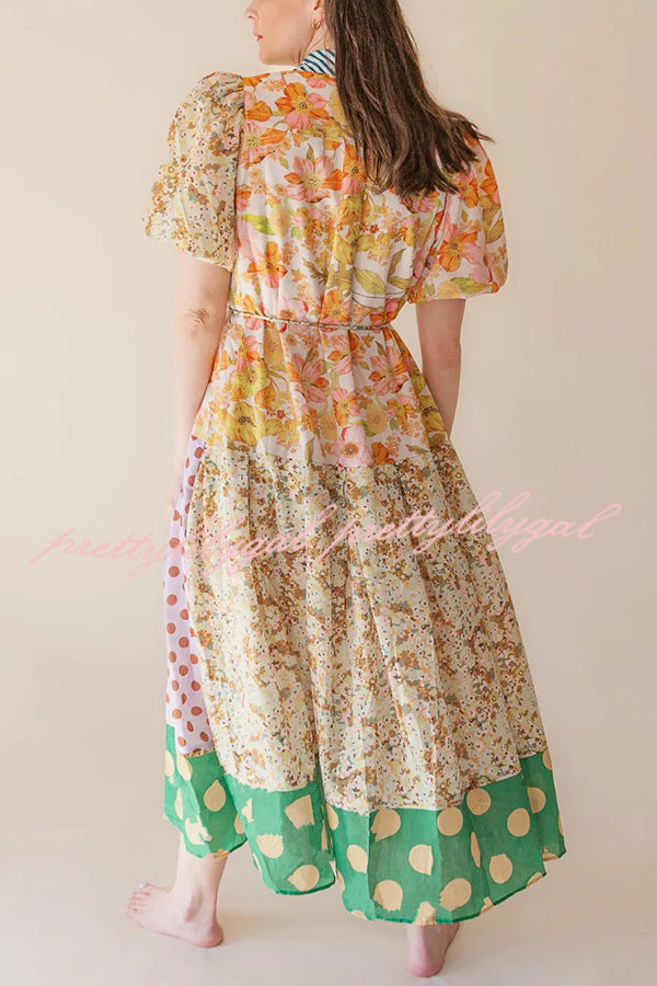 Linen Blend Unique Print Lapel Puff Sleeve Casual Midi Dress