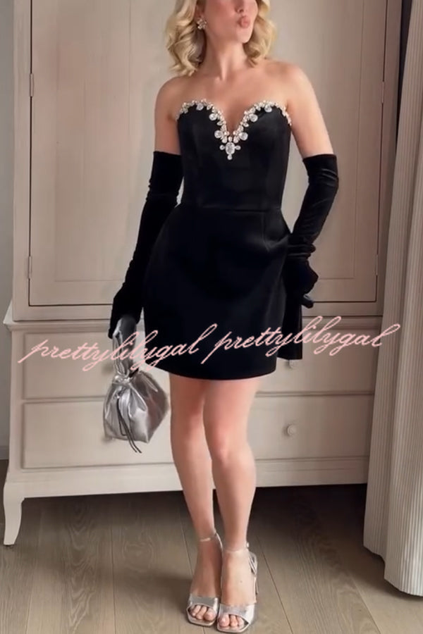 Ines Luxurious Velvet Jewel-encrusted Sweetheart Off Shoulder Neck Tulip Stretch Mini Dress