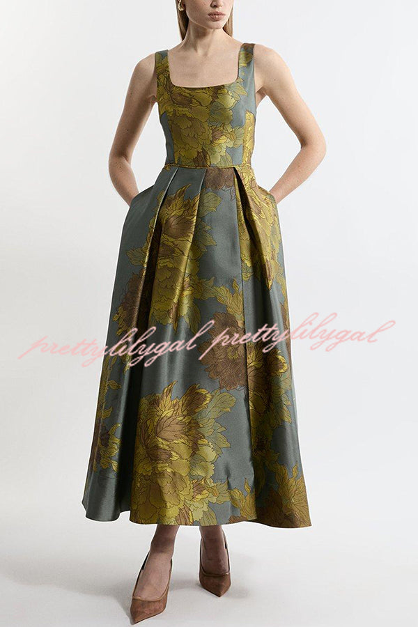 London Nights Satin Floral Pattern Square Neck Pocket Pleated Prom Maxi Dress