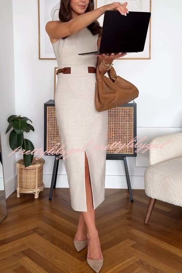 Workwear Day Contrast Color Belt Buckle Detail Slit Pencil Midi Dress
