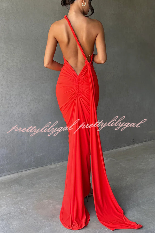 Sexy Backless Pleated Slim Solid Color Sleeveless Elegant Maxi Dress