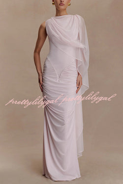Fashionable Mesh Shawl Sleeveless Slim Fit Pleated Maxi Dress