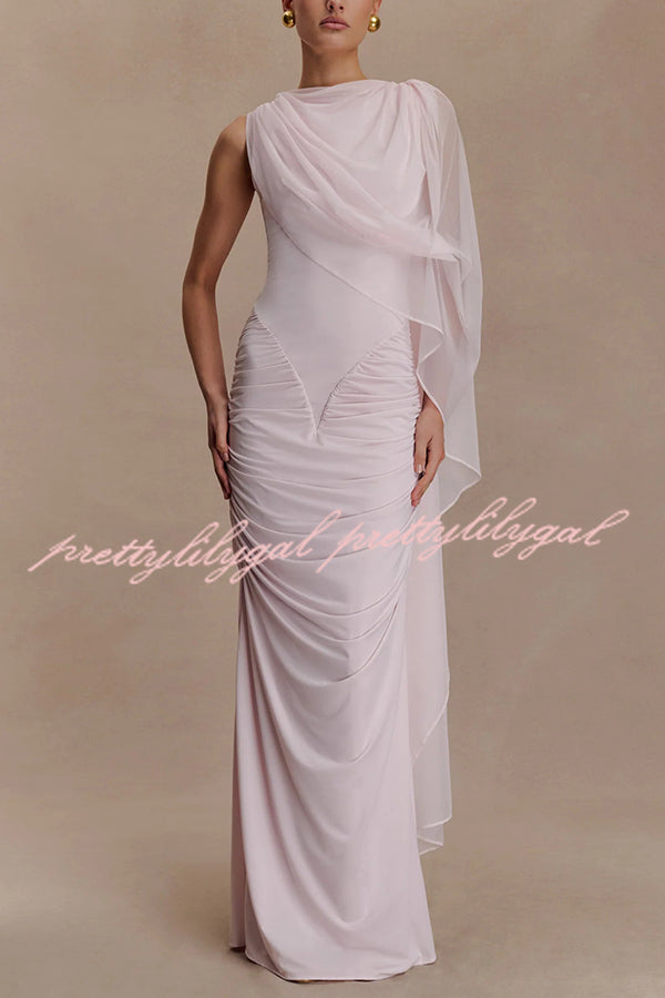Fashionable Mesh Shawl Sleeveless Slim Fit Pleated Maxi Dress