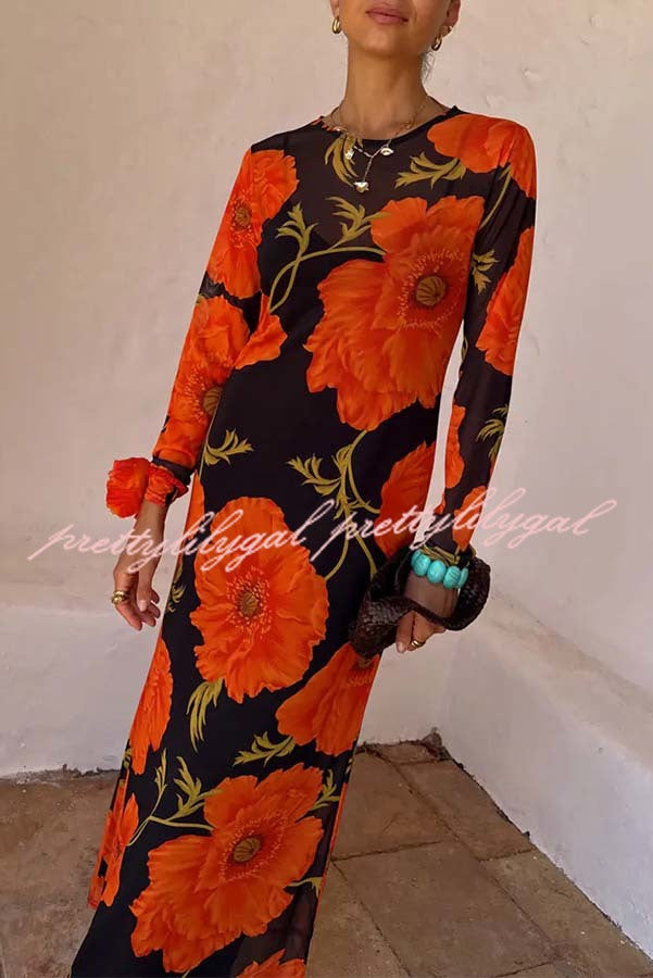 Perfect Cross-season Mesh Poppy Flower Print Long Sleeve Stretch Maxi Dress