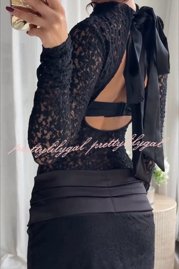Anna Semi-sheer Lace Long Sleeve Back Bow Tie-up Cutout Stretch Bodysuit