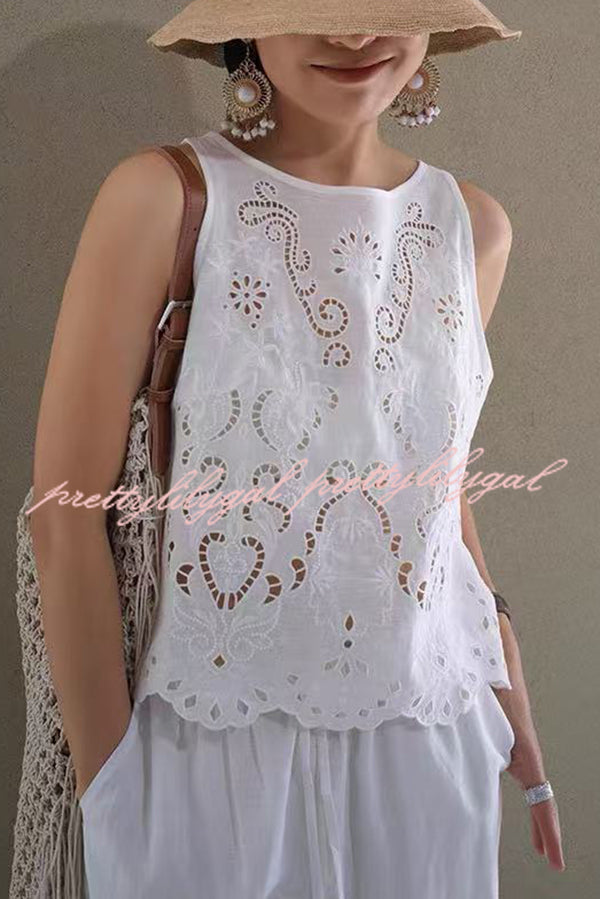 Linen Blend Solid Color Embroidered Hollow Loose Vest and Elastic Waist Casual Pocket Wide Leg Pants Set