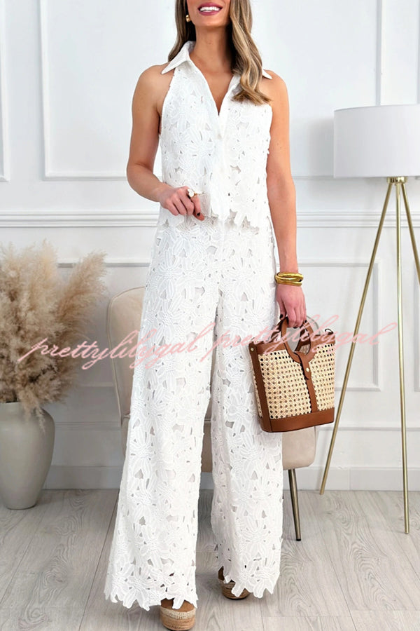 Delighted Embroidery Floral Hollow Lace Shirt-neck Vest and Wide Leg Pants Set
